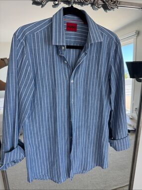 HUGO Blue and White Vertical Stripe Button-Down Shirt